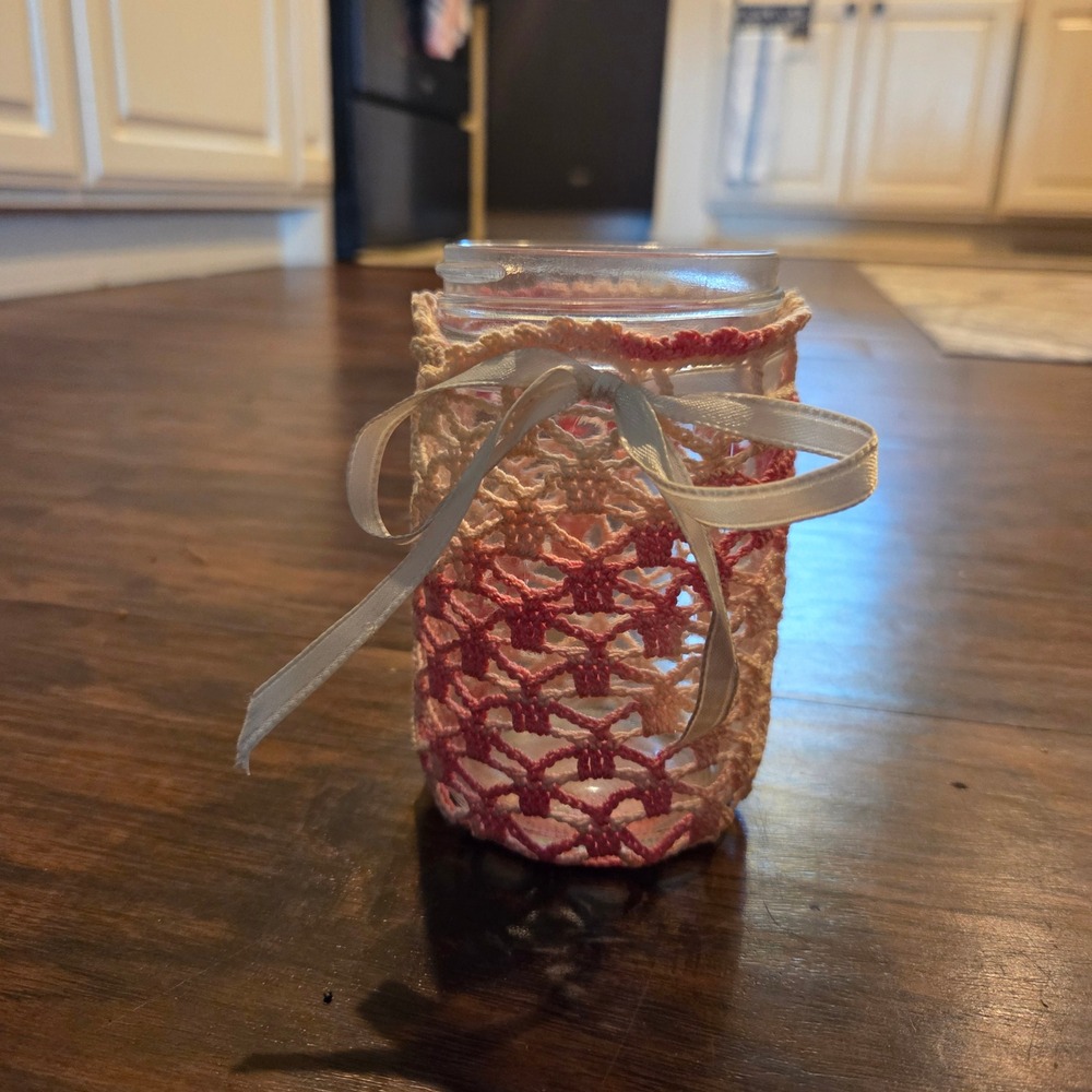 Handmade Pink Ombre Crochet Mason Jar Cover with Ribbon Lace Vase Decor